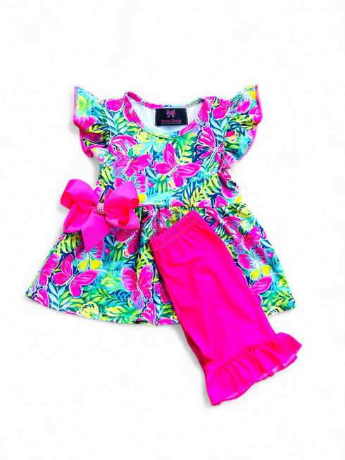 Girls Tropical Butterfly Shorts Set with Matching Bow - Bowtism